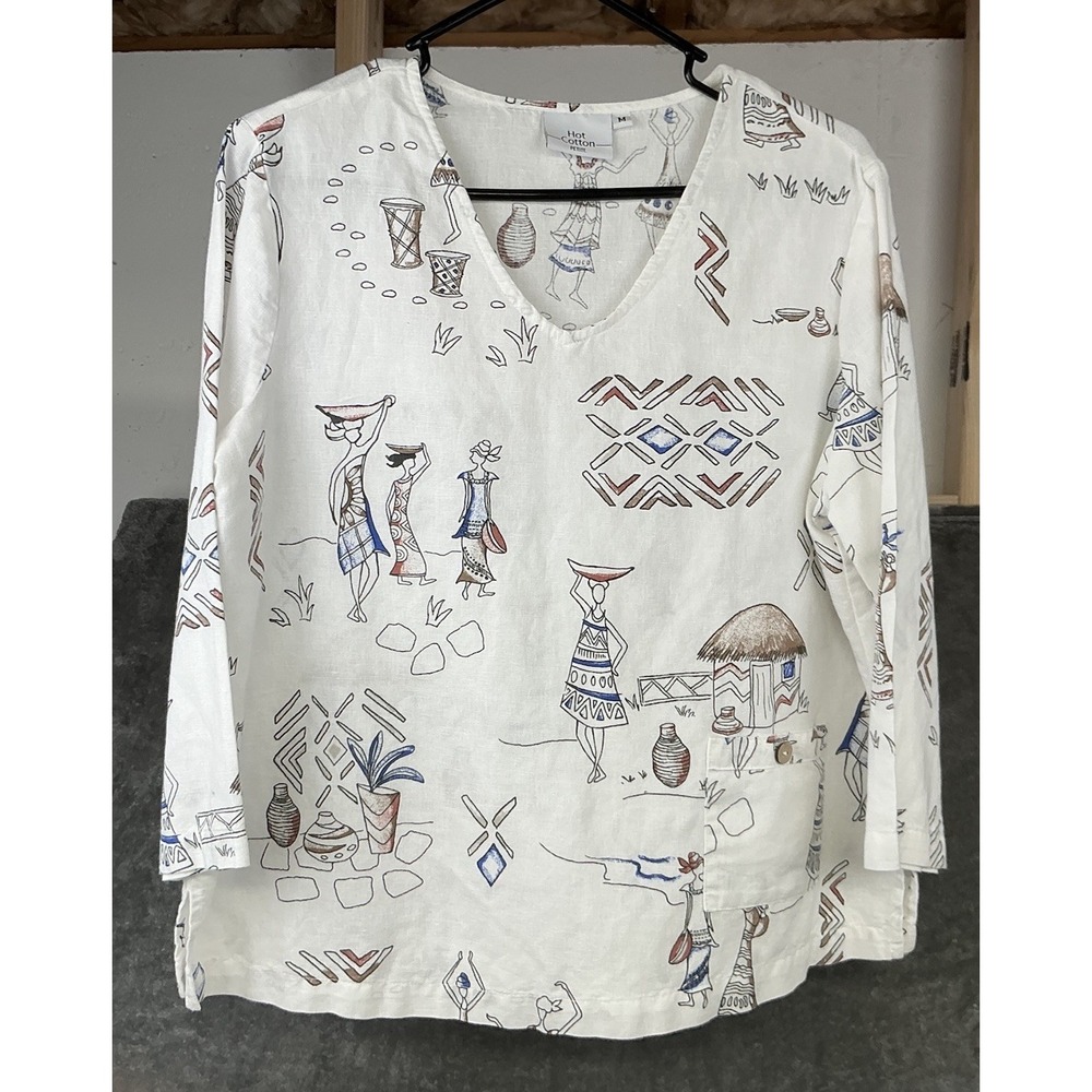 Hot Cotton Linen Blend Women's Medium Petite Ivory Print Blouse Front Pocket